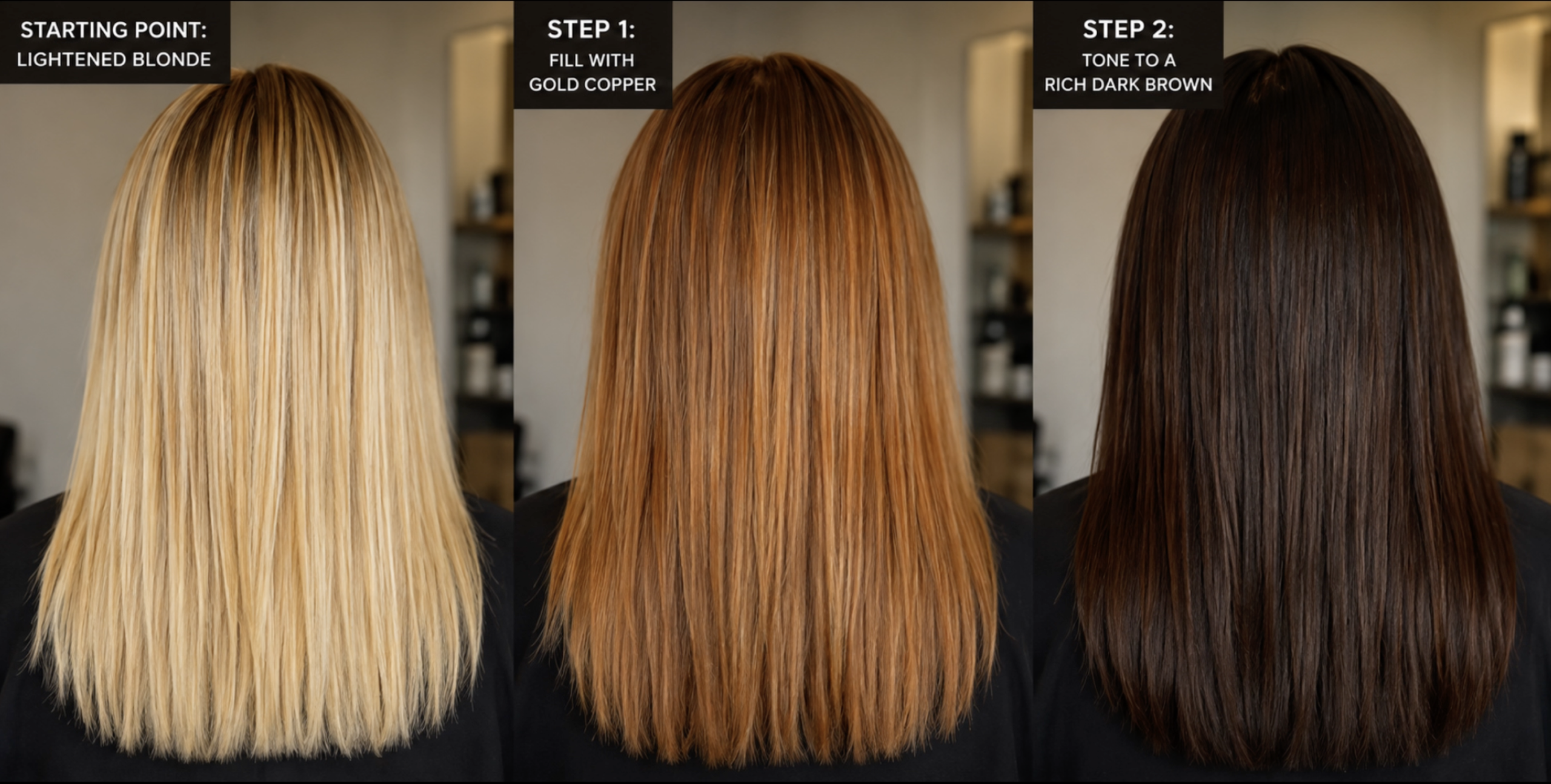 IMAGE-SHOWING-THE-STEPS-OF-FILLING-BLONDE-HAIR-TO-DYE-IT-DARKER